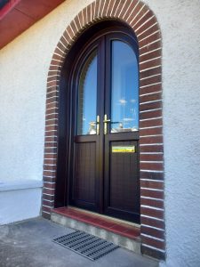 Arched uPVC Storm Doors, Rosewood, Gold hardware