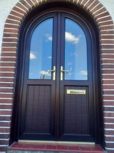 Arched uPVC Storm Doors, Rosewood, Gold hardware