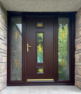 Stronghold Composite Door in Rosewood, with sidecreens. Triple Glazed. Installed in Milngavie.
