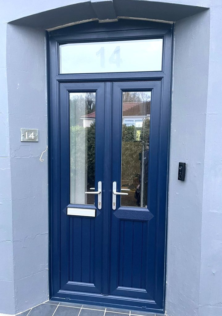 Blue Half-Glazed Storm Doors with Fan Light