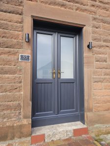 Anthracite grey storm doors half glazed satin glass gold hardware